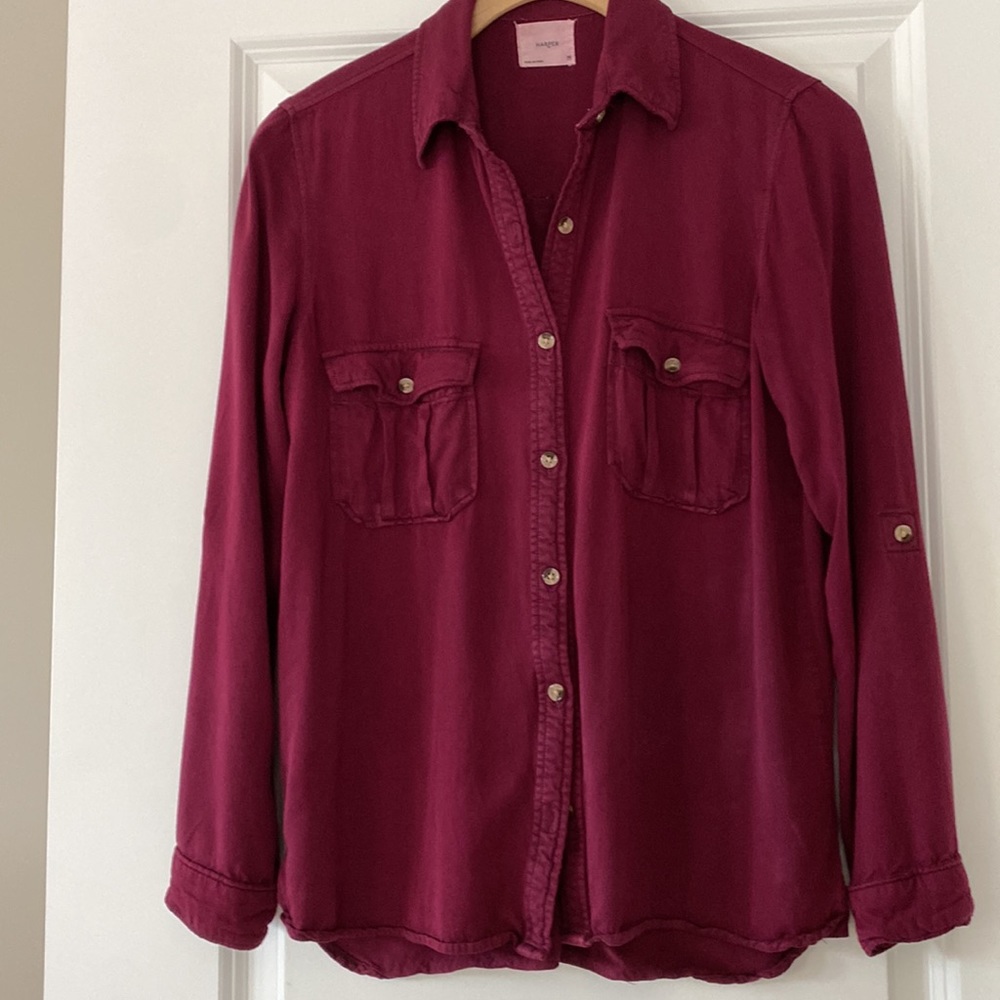 Harper Plum/Maroon Soft Jersey Knit Button-Front Blouse w Patch Pockets